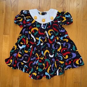 Vintage The Little Trotter Dress Girls 5 Multicolor Circus Clown Puff Sleeve 80s